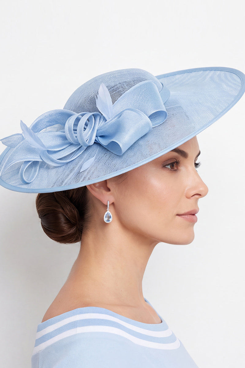Laden Sie das Bild in den Galerie-Viewer, Blauer Mesh Sinamay Schleifen-Fascinatorhut mit Federn