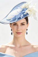 Laden Sie das Bild in den Galerie-Viewer, Blau-Weiß-Solid-Sinamay-Rand 3D-Stoffblumen-Fascinatorhut mit Federn