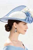 Laden Sie das Bild in den Galerie-Viewer, Blau-Weiß-Solid-Sinamay-Rand 3D-Stoffblumen-Fascinatorhut mit Federn