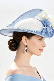 Blau-Weiß-Solid-Sinamay-Rand 3D-Stoffblumen-Fascinatorhut mit Federn
