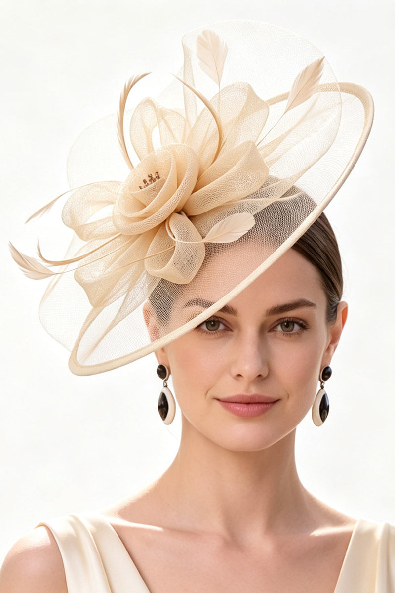 Laden Sie das Bild in den Galerie-Viewer, Champagner Crinoline Blumennetz Fascinatorhut mit Federn