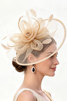 Laden Sie das Bild in den Galerie-Viewer, Champagner Crinoline Blumennetz Fascinatorhut mit Federn