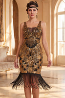 Laden Sie das Bild in den Galerie-Viewer, Dunkelgrünes V-Ausschnitt-Pailletten-Tüll-Sheath-Midi-Kleid der 1920er Jahre mit Fransen