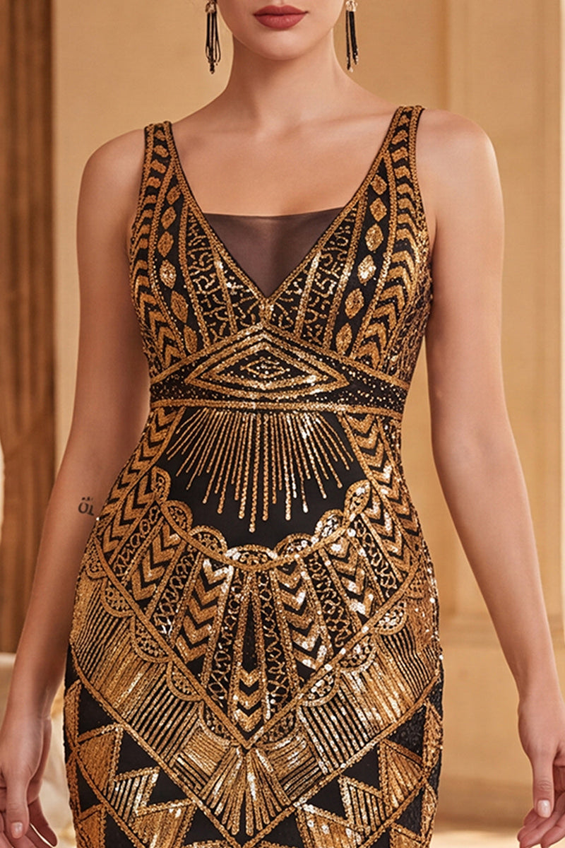 Laden Sie das Bild in den Galerie-Viewer, Dunkelgrünes V-Ausschnitt-Pailletten-Tüll-Sheath-Midi-Kleid der 1920er Jahre mit Fransen