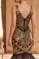 Laden Sie das Bild in den Galerie-Viewer, Dunkelgrünes V-Ausschnitt-Pailletten-Tüll-Sheath-Midi-Kleid der 1920er Jahre mit Fransen