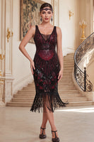 Laden Sie das Bild in den Galerie-Viewer, Dunkelgrünes V-Ausschnitt-Pailletten-Tüll-Sheath-Midi-Kleid der 1920er Jahre mit Fransen
