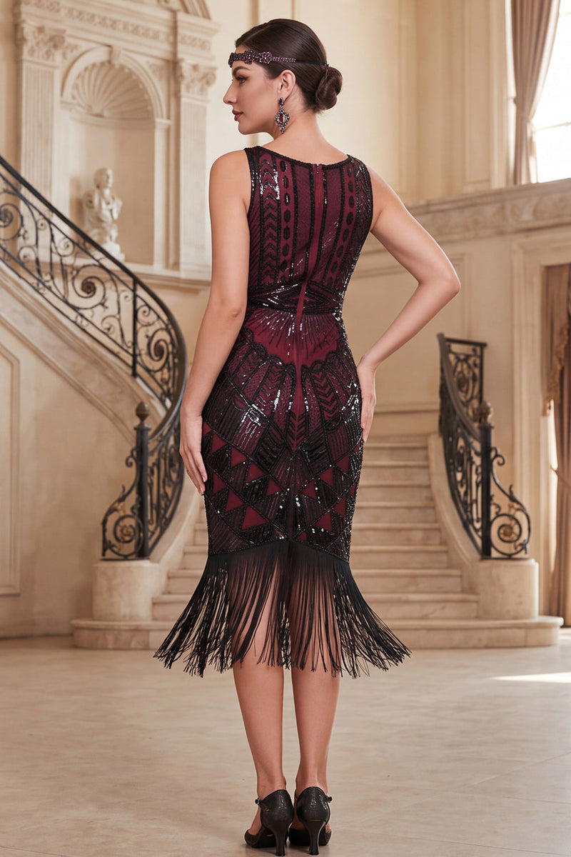 Laden Sie das Bild in den Galerie-Viewer, Dunkelgrünes V-Ausschnitt-Pailletten-Tüll-Sheath-Midi-Kleid der 1920er Jahre mit Fransen