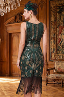 Laden Sie das Bild in den Galerie-Viewer, Dunkelgrünes V-Ausschnitt-Pailletten-Tüll-Sheath-Midi-Kleid der 1920er Jahre mit Fransen
