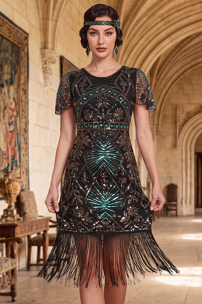Laden Sie das Bild in den Galerie-Viewer, Dunkelgrünes Rundhals Pailletten Transparente Flatter-Ärmel 20er Jahre Kleid mit Fransen