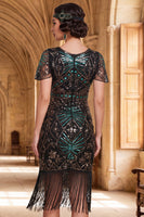 Laden Sie das Bild in den Galerie-Viewer, Dunkelgrünes Rundhals Pailletten Transparente Flatter-Ärmel 20er Jahre Kleid mit Fransen