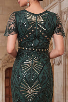 Laden Sie das Bild in den Galerie-Viewer, Dunkelgrünes Rundhals Pailletten Transparente Flatter-Ärmel 20er Jahre Kleid mit Fransen