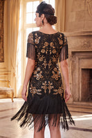 Laden Sie das Bild in den Galerie-Viewer, Schwarze goldene Pailletten Scheide 20er Jahre Kleid mit Fransen