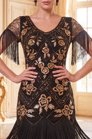 Laden Sie das Bild in den Galerie-Viewer, Schwarze goldene Pailletten Scheide 20er Jahre Kleid mit Fransen