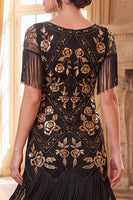 Laden Sie das Bild in den Galerie-Viewer, Schwarze goldene Pailletten Scheide 20er Jahre Kleid mit Fransen