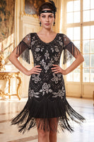 Laden Sie das Bild in den Galerie-Viewer, Schwarze goldene Pailletten Scheide 20er Jahre Kleid mit Fransen