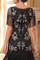 Laden Sie das Bild in den Galerie-Viewer, Schwarze goldene Pailletten Scheide 20er Jahre Kleid mit Fransen