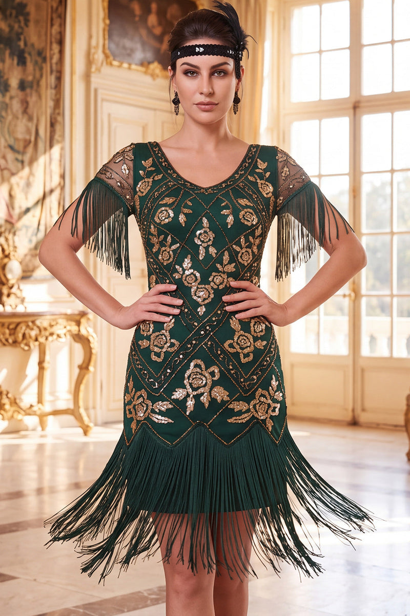 Laden Sie das Bild in den Galerie-Viewer, Schwarze goldene Pailletten Scheide 20er Jahre Kleid mit Fransen
