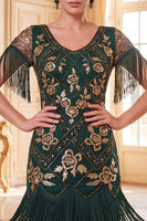 Laden Sie das Bild in den Galerie-Viewer, Schwarze goldene Pailletten Scheide 20er Jahre Kleid mit Fransen