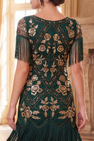Laden Sie das Bild in den Galerie-Viewer, Schwarze goldene Pailletten Scheide 20er Jahre Kleid mit Fransen