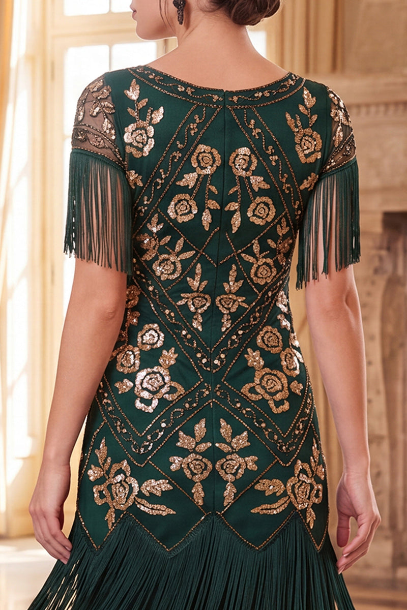 Laden Sie das Bild in den Galerie-Viewer, Schwarze goldene Pailletten Scheide 20er Jahre Kleid mit Fransen