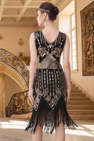 Laden Sie das Bild in den Galerie-Viewer, Schwarzes goldenes V-Ausschnitt Pailletten 20er Jahre Kleid mit Fransen