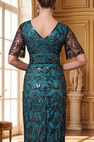Laden Sie das Bild in den Galerie-Viewer, Burgunderrotes V-Ausschnitt Pailletten Langes 20er Jahre Kleid mit durchsichtigen Ärmeln