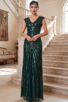 Laden Sie das Bild in den Galerie-Viewer, Dunkelgrünes V-Ausschnitt Mützenärmel Pailletten Chiffon 20er Jahre Kleid