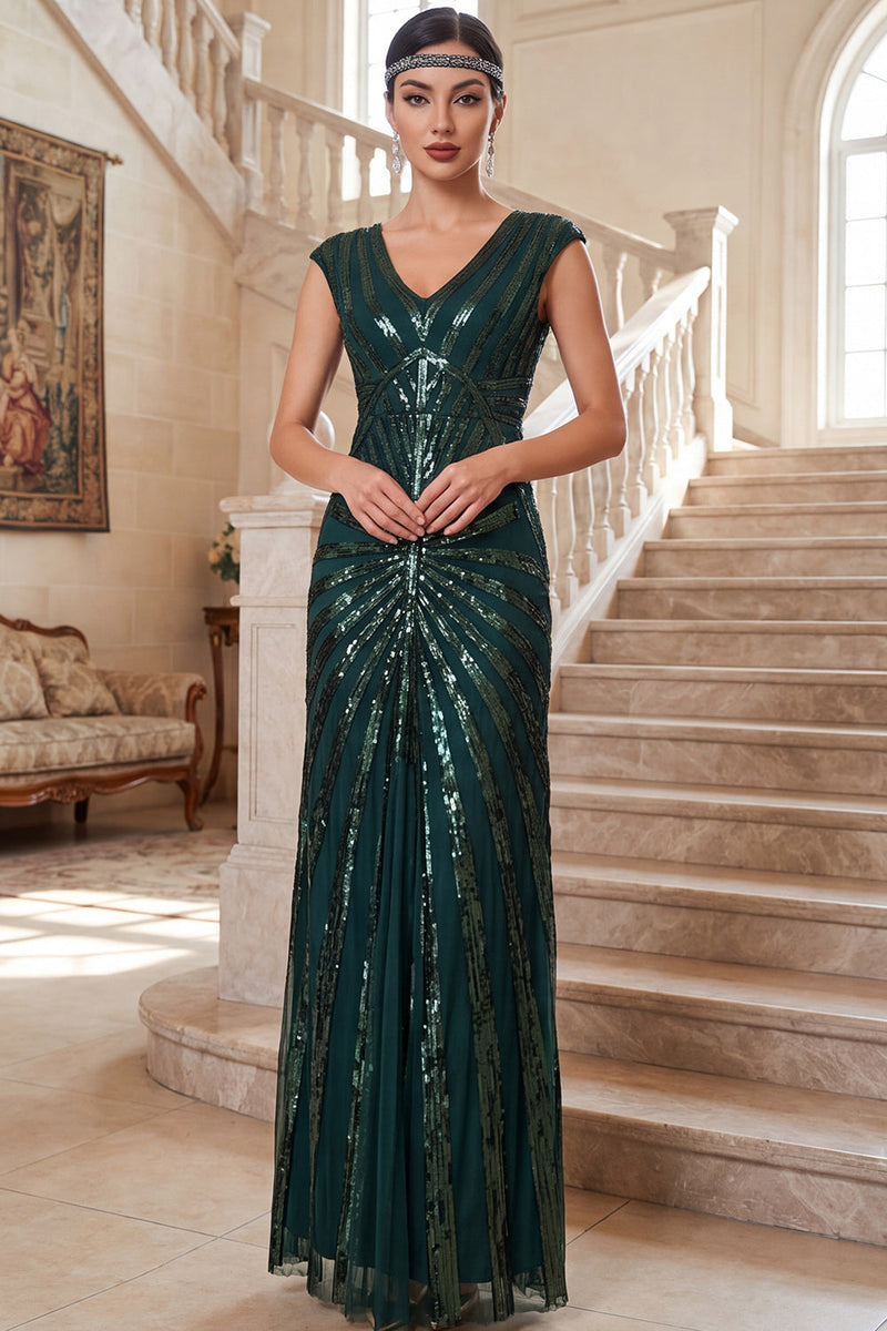 Laden Sie das Bild in den Galerie-Viewer, Dunkelgrünes V-Ausschnitt Mützenärmel Pailletten Chiffon 20er Jahre Kleid