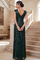 Laden Sie das Bild in den Galerie-Viewer, Dunkelgrünes V-Ausschnitt Mützenärmel Pailletten Chiffon 20er Jahre Kleid
