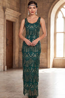 Laden Sie das Bild in den Galerie-Viewer, Dunkelgrünes Schalenhals Pailletten Sheath Langes 20er Jahre Flapper Kleid mit Fransen