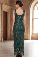 Laden Sie das Bild in den Galerie-Viewer, Dunkelgrünes Schalenhals Pailletten Sheath Langes 20er Jahre Flapper Kleid mit Fransen