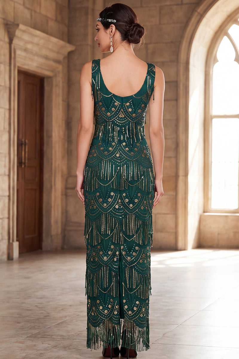 Laden Sie das Bild in den Galerie-Viewer, Dunkelgrünes Schalenhals Pailletten Sheath Langes 20er Jahre Flapper Kleid mit Fransen