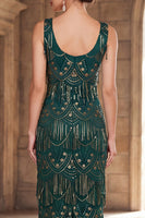 Laden Sie das Bild in den Galerie-Viewer, Dunkelgrünes Schalenhals Pailletten Sheath Langes 20er Jahre Flapper Kleid mit Fransen