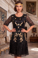 Laden Sie das Bild in den Galerie-Viewer, Schwarze goldene Rundhals Stickerei Pailletten Midi 20er Jahre Flapper Kleid mit Halbärmeln