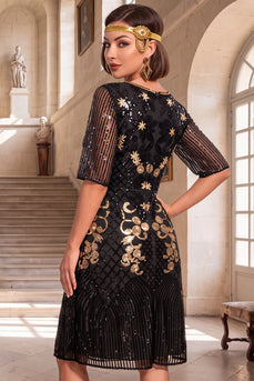Schwarze goldene Rundhals Stickerei Pailletten Midi 20er Jahre Flapper Kleid mit Halbärmeln