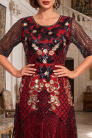Laden Sie das Bild in den Galerie-Viewer, Schwarze goldene Rundhals Stickerei Pailletten Midi 20er Jahre Flapper Kleid mit Halbärmeln