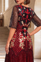 Laden Sie das Bild in den Galerie-Viewer, Schwarze goldene Rundhals Stickerei Pailletten Midi 20er Jahre Flapper Kleid mit Halbärmeln