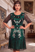 Laden Sie das Bild in den Galerie-Viewer, Schwarze goldene Rundhals Stickerei Pailletten Midi 20er Jahre Flapper Kleid mit Halbärmeln
