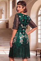 Laden Sie das Bild in den Galerie-Viewer, Schwarze goldene Rundhals Stickerei Pailletten Midi 20er Jahre Flapper Kleid mit Halbärmeln