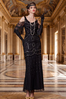 Laden Sie das Bild in den Galerie-Viewer, Schwarzes Kaltschulter Scheiden Pailletten Tüll 20er Jahre Kleid mit Fransen