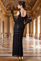 Laden Sie das Bild in den Galerie-Viewer, Schwarzes Kaltschulter Scheiden Pailletten Tüll 20er Jahre Kleid mit Fransen