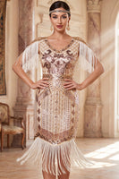 Laden Sie das Bild in den Galerie-Viewer, Aprikosen V-Ausschnitt Pailletten Sheath Midi 20er Jahre Flapper Kleid mit Fransen