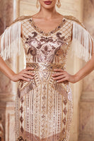 Laden Sie das Bild in den Galerie-Viewer, Aprikosen V-Ausschnitt Pailletten Sheath Midi 20er Jahre Flapper Kleid mit Fransen