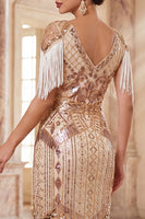 Laden Sie das Bild in den Galerie-Viewer, Aprikosen V-Ausschnitt Pailletten Sheath Midi 20er Jahre Flapper Kleid mit Fransen