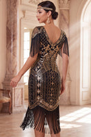 Laden Sie das Bild in den Galerie-Viewer, Aprikosen V-Ausschnitt Pailletten Sheath Midi 20er Jahre Flapper Kleid mit Fransen
