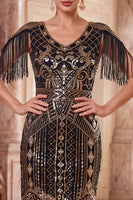 Laden Sie das Bild in den Galerie-Viewer, Aprikosen V-Ausschnitt Pailletten Sheath Midi 20er Jahre Flapper Kleid mit Fransen