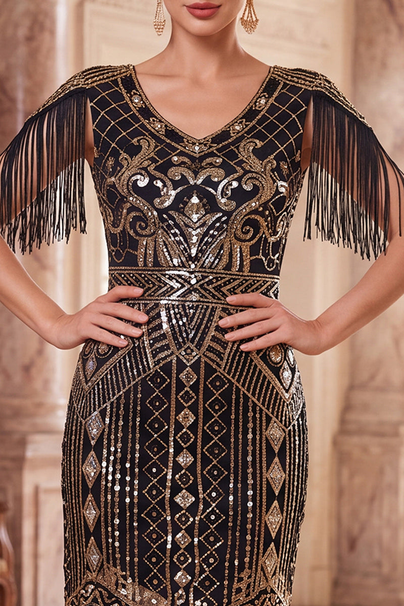 Laden Sie das Bild in den Galerie-Viewer, Aprikosen V-Ausschnitt Pailletten Sheath Midi 20er Jahre Flapper Kleid mit Fransen