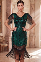 Laden Sie das Bild in den Galerie-Viewer, Aprikosen V-Ausschnitt Pailletten Sheath Midi 20er Jahre Flapper Kleid mit Fransen