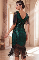 Laden Sie das Bild in den Galerie-Viewer, Aprikosen V-Ausschnitt Pailletten Sheath Midi 20er Jahre Flapper Kleid mit Fransen