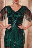 Laden Sie das Bild in den Galerie-Viewer, Aprikosen V-Ausschnitt Pailletten Sheath Midi 20er Jahre Flapper Kleid mit Fransen